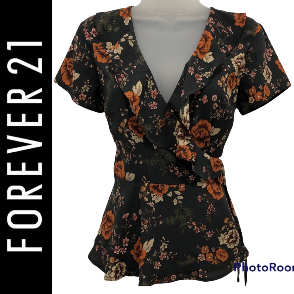 Forever 21 Peplum Wrap Top Ruffle Side Tie At Waist Floral Pattern Size …